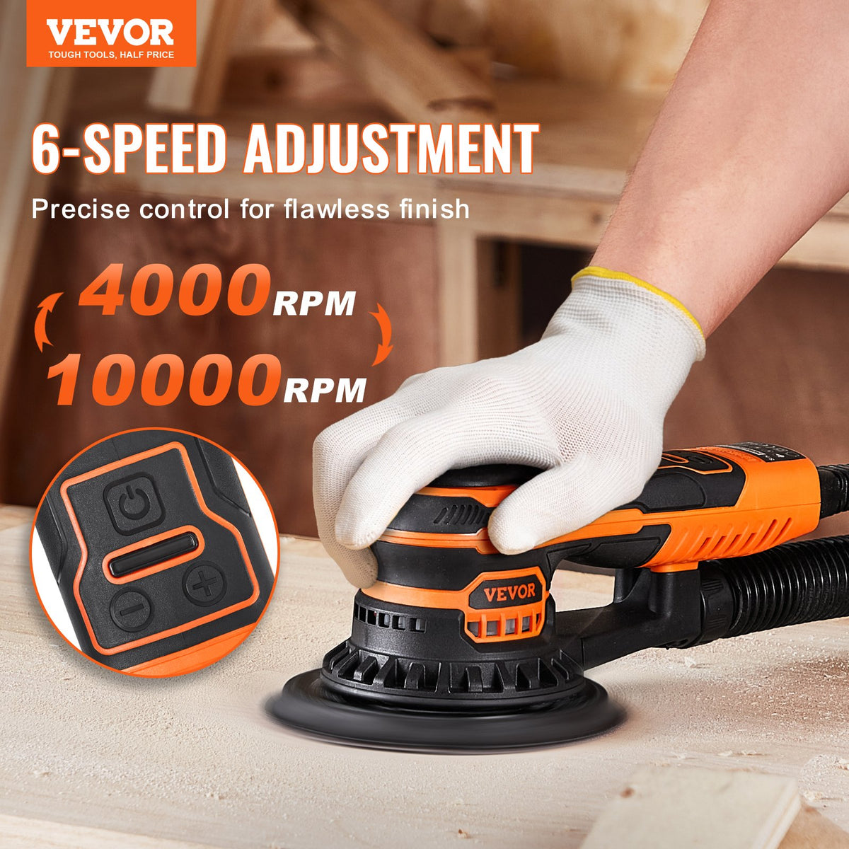 VEVOR Random Orbital Sander 5 & 6-Inch, 350W Brushless Orbital Sander, 10,000 PRM 6 Variable Speed Electric Palm Sander with 20PCS Sandpapers, Dust Connector & Hose for Woodworking Detailing Sanding - GDSGJBS56INCT563HV1 - view 3