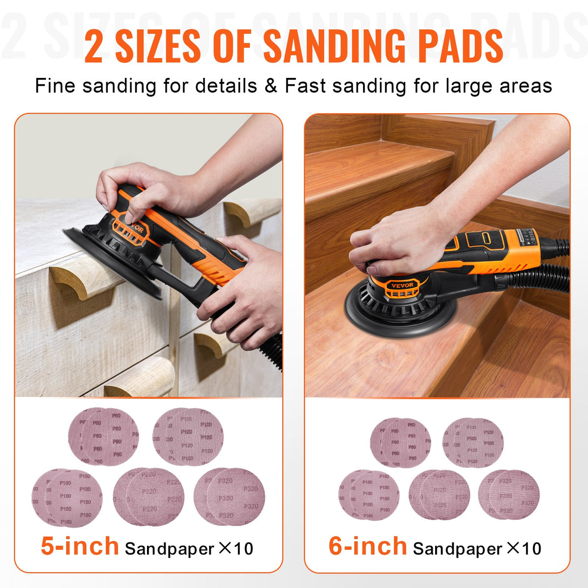 VEVOR Random Orbital Sander 5 & 6-Inch, 350W Brushless Orbital Sander, 10,000 PRM 6 Variable Speed Electric Palm Sander with 20PCS Sandpapers, Dust Connector & Hose for Woodworking Detailing Sanding - GDSGJBS56INCT563HV1 - view 4