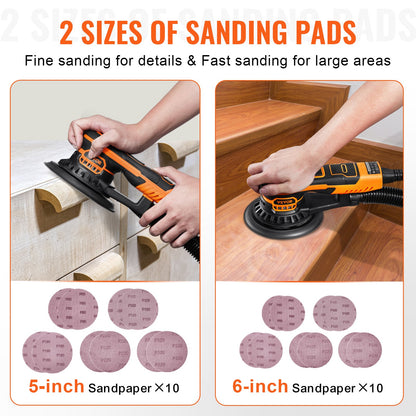 VEVOR Random Orbital Sander 5 & 6-Inch, 350W Brushless Orbital Sander, 10,000 PRM 6 Variable Speed Electric Palm Sander with 20PCS Sandpapers, Dust Connector & Hose for Woodworking Detailing Sanding - GDSGJBS56INCT563HV1 - view 4