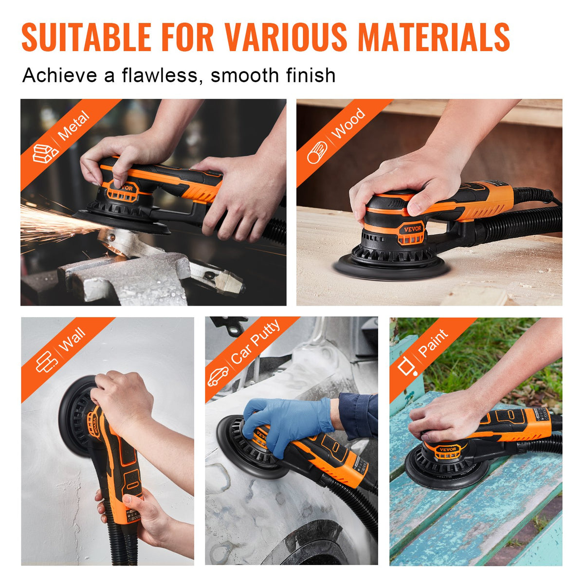 VEVOR Random Orbital Sander 5 & 6-Inch, 350W Brushless Orbital Sander, 10,000 PRM 6 Variable Speed Electric Palm Sander with 20PCS Sandpapers, Dust Connector & Hose for Woodworking Detailing Sanding - GDSGJBS56INCT563HV1 - view 7