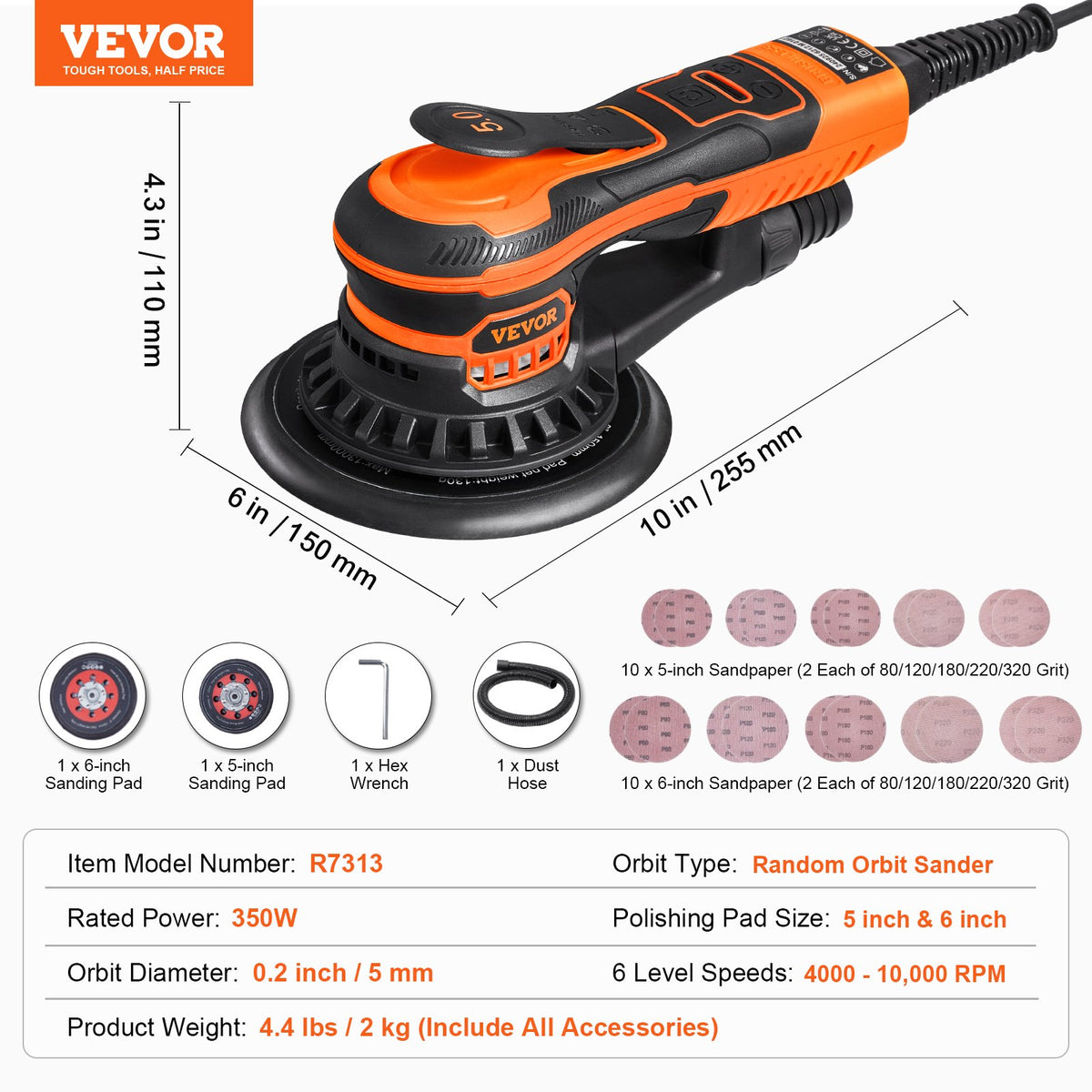 VEVOR Random Orbital Sander 5 & 6-Inch, 350W Brushless Orbital Sander, 10,000 PRM 6 Variable Speed Electric Palm Sander with 20PCS Sandpapers, Dust Connector & Hose for Woodworking Detailing Sanding - GDSGJBS56INCT563HV1 - view 8