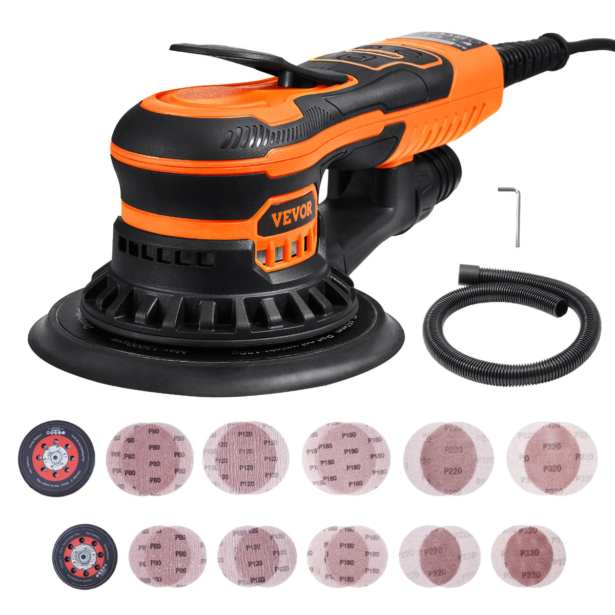 VEVOR Random Orbital Sander 5 & 6-Inch, 350W Brushless Orbital Sander, 10,000 PRM 6 Variable Speed Electric Palm Sander with 20PCS Sandpapers, Dust Connector & Hose for Woodworking Detailing Sanding - GDSGJBS56INCT563HV1 - view 10