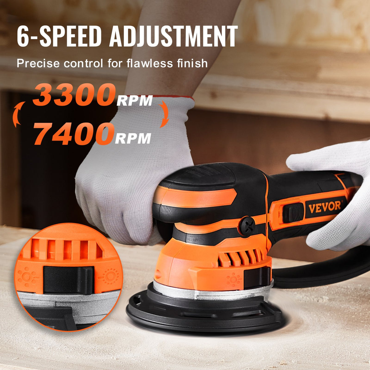 VEVOR Random Orbital Sander, 6-Inch DA & GA Dual Action Orbital Sander, 850W 7400PRM 6 Variable Speed Electric Palm Sander with 10PCS Sandpapers, Dust Connector for Woodworking Detailing Sanding - GDSGJBS6INCHPL1CBV1 - view 4
