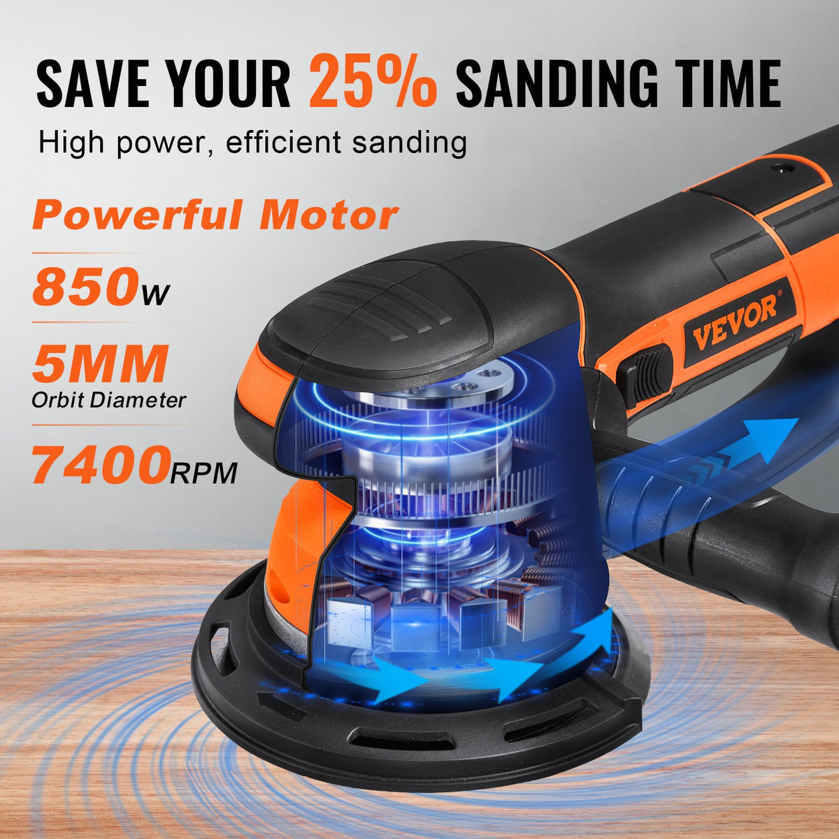VEVOR Random Orbital Sander, 6-Inch DA & GA Dual Action Orbital Sander, 850W 7400PRM 6 Variable Speed Electric Palm Sander with 10PCS Sandpapers, Dust Connector for Woodworking Detailing Sanding - GDSGJBS6INCHPL1CBV1 - view 5
