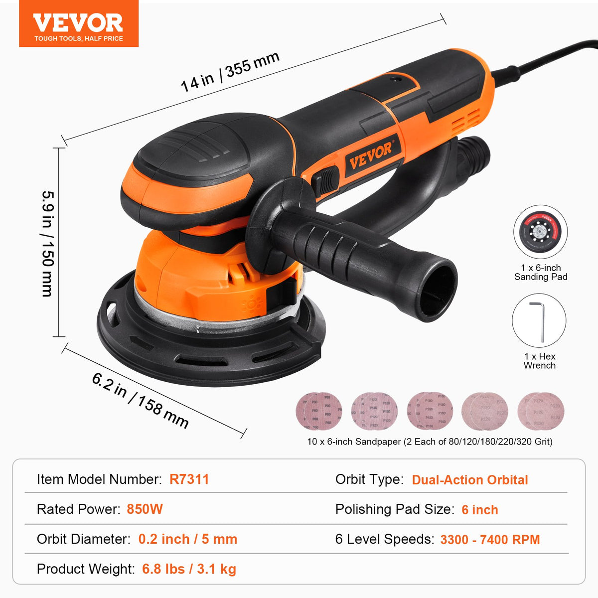 VEVOR Random Orbital Sander, 6-Inch DA & GA Dual Action Orbital Sander, 850W 7400PRM 6 Variable Speed Electric Palm Sander with 10PCS Sandpapers, Dust Connector for Woodworking Detailing Sanding - GDSGJBS6INCHPL1CBV1 - view 8