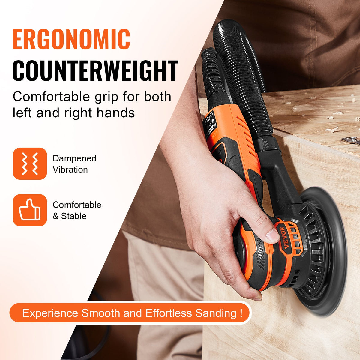 VEVOR Random Orbital Sander 6-Inch, 350W Brushless Orbital Sander, 10,000 PRM 6 Variable Speed Electric Palm Sander with 10PCS Sandpapers, Dust Connector & Hose for Woodworking Detailing Sanding - GDSGJBS6INCHW5JEXV1 - view 5