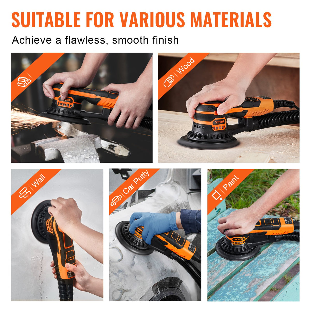 VEVOR Random Orbital Sander 6-Inch, 350W Brushless Orbital Sander, 10,000 PRM 6 Variable Speed Electric Palm Sander with 10PCS Sandpapers, Dust Connector & Hose for Woodworking Detailing Sanding - GDSGJBS6INCHW5JEXV1 - view 7