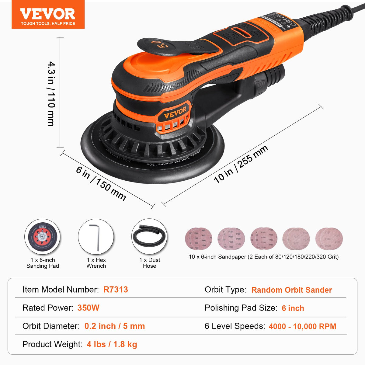 VEVOR Random Orbital Sander 6-Inch, 350W Brushless Orbital Sander, 10,000 PRM 6 Variable Speed Electric Palm Sander with 10PCS Sandpapers, Dust Connector & Hose for Woodworking Detailing Sanding - GDSGJBS6INCHW5JEXV1 - view 8