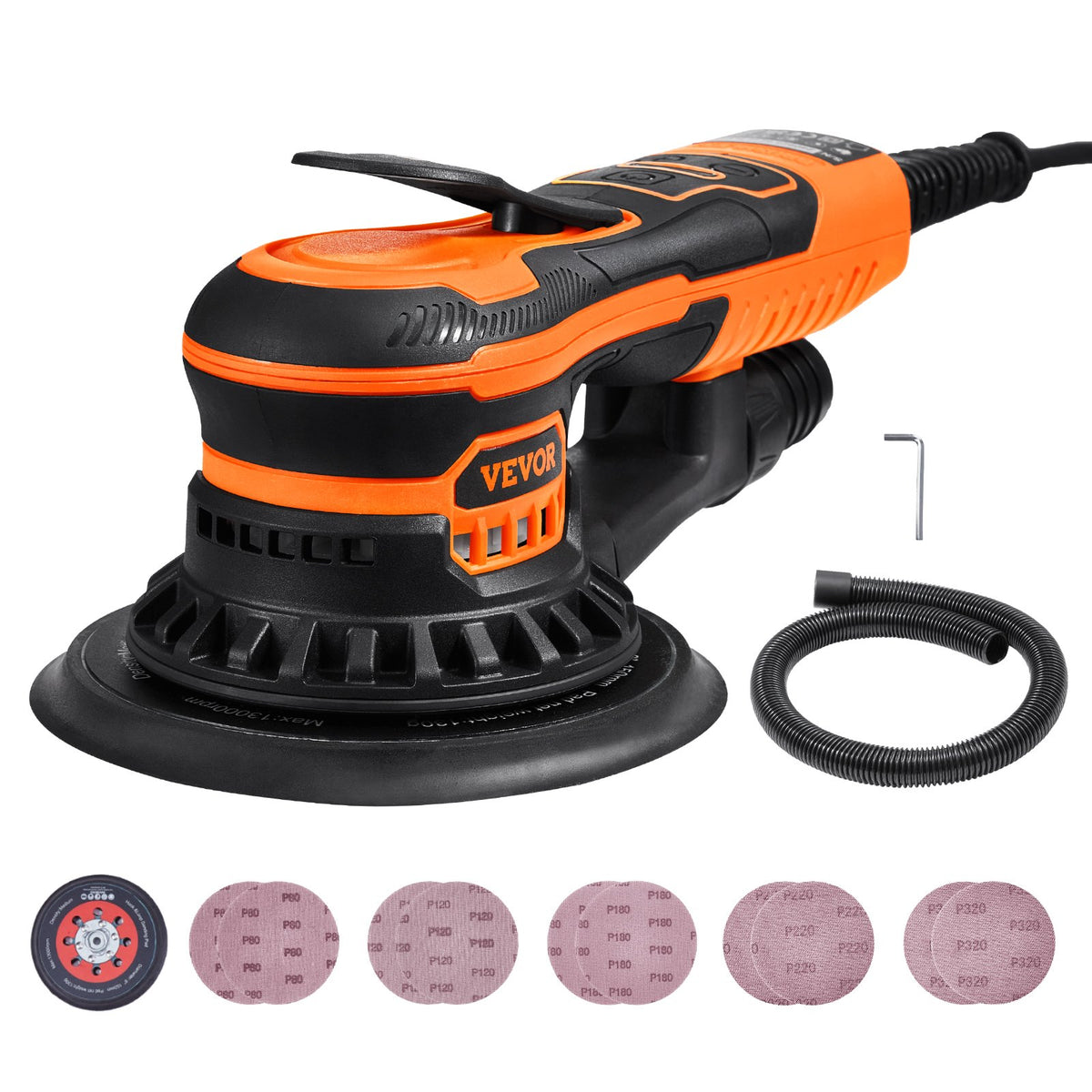 VEVOR Random Orbital Sander 6-Inch, 350W Brushless Orbital Sander, 10,000 PRM 6 Variable Speed Electric Palm Sander with 10PCS Sandpapers, Dust Connector & Hose for Woodworking Detailing Sanding - GDSGJBS6INCHW5JEXV1 - view 10