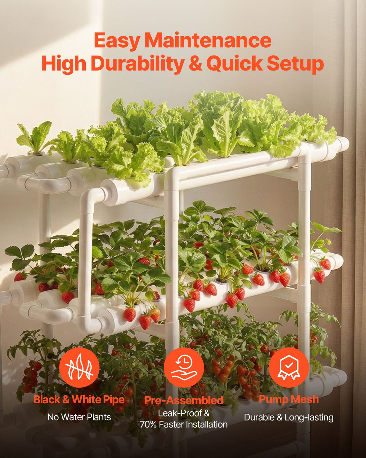 VEVOR Hydroponics Growing System Kit, 3-Tier 108 Sites UPVC Pipe Hydroponic Grow Kit with Timed Irrigation, Sun & Light Blocking Pipes, Indoor Home Garden Vegetable Planting Grow Kits for Fruit Herb - GDSPZZXT108KHGSUP001V1 - view 3