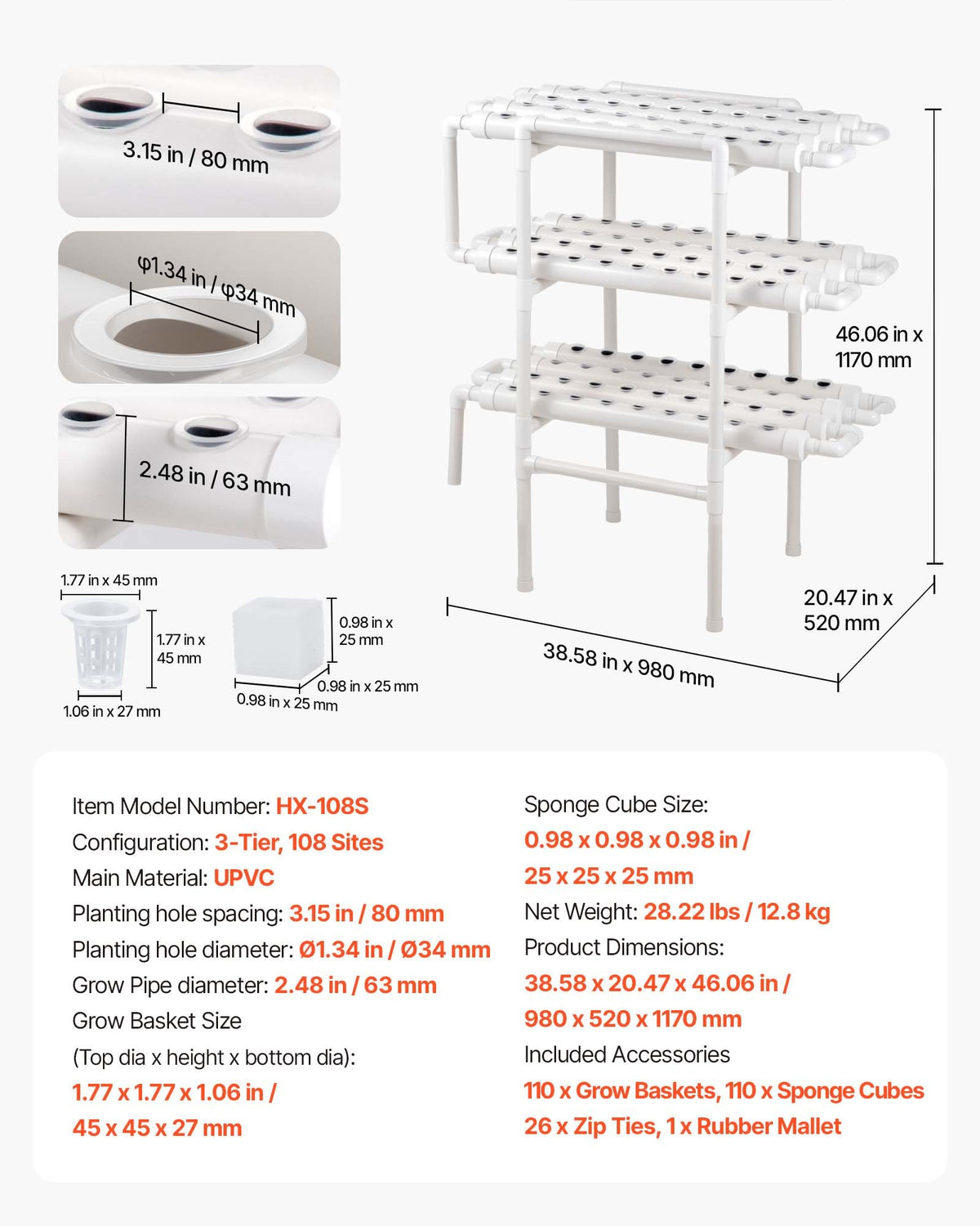 VEVOR Hydroponics Growing System Kit, 3-Tier 108 Sites UPVC Pipe Hydroponic Grow Kit with Timed Irrigation, Sun & Light Blocking Pipes, Indoor Home Garden Vegetable Planting Grow Kits for Fruit Herb - GDSPZZXT108KHGSUP001V1 - view 8