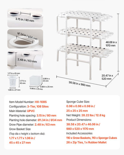 VEVOR Hydroponics Growing System Kit, 3-Tier 108 Sites UPVC Pipe Hydroponic Grow Kit with Timed Irrigation, Sun & Light Blocking Pipes, Indoor Home Garden Vegetable Planting Grow Kits for Fruit Herb - GDSPZZXT108KHGSUP001V1 - view 8