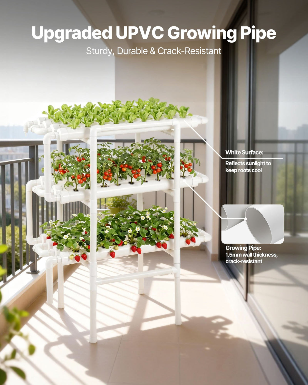 VEVOR Hydroponics Growing System Kit, 3-Tier 108 Sites UPVC Pipe Hydroponic Grow Kit with Timed Irrigation, Thickened Hydroponic Pipes, Indoor Home Garden Vegetable Planting Grow Kits for Fruit Herb - GDSPZZXT3C100D7RL001V1 - view 6