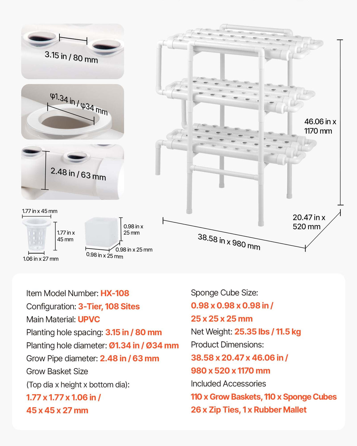 VEVOR Hydroponics Growing System Kit, 3-Tier 108 Sites UPVC Pipe Hydroponic Grow Kit with Timed Irrigation, Thickened Hydroponic Pipes, Indoor Home Garden Vegetable Planting Grow Kits for Fruit Herb - GDSPZZXT3C100D7RL001V1 - view 8