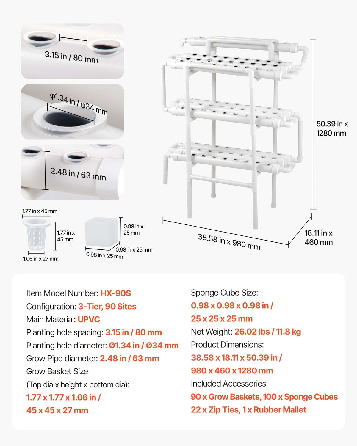 VEVOR Hydroponics Growing System Kit, 3-Tier 90 Sites UPVC Pipe Hydroponic Grow Kit with Timed Irrigation, Sun & Light Blocking Pipes, Indoor Home Garden Vegetable Planting Grow Kits for Fruit Herb - GDSPZZXT90K33TJEI001V1 - view 8