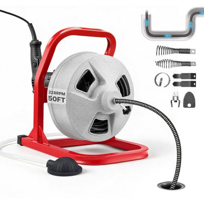 VEVOR Drain Cleaner Machine 50 FT x 5/16 Inch, Sewer Snake Auger with 228RPM Electric Drill, Manual Feed Drain Cleaning Machine with 6 Cutters & Air-activated Foot Switch for 2" to 4" Pipes - GDSTJLSGTSSD08LY3001V1 - view 2