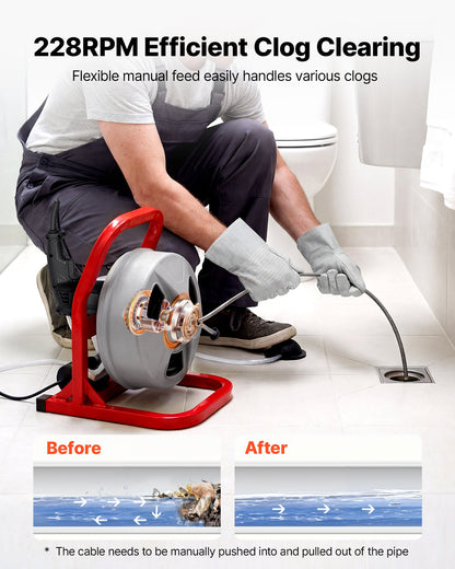 VEVOR Drain Cleaner Machine 50 FT x 5/16 Inch, Sewer Snake Auger with 228RPM Electric Drill, Manual Feed Drain Cleaning Machine with 6 Cutters & Air-activated Foot Switch for 2" to 4" Pipes - GDSTJLSGTSSD08LY3001V1 - view 3