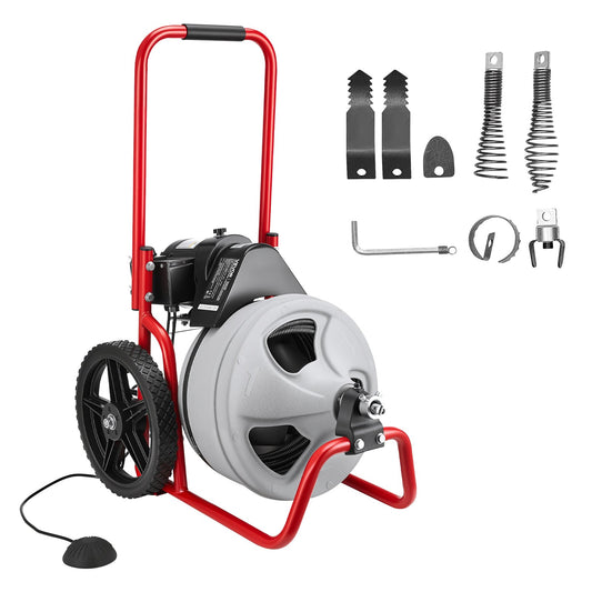 VEVOR Drain Cleaner Machine 75 FT x 3/8 Inch, Sewer Snake Auger Manual Feed on Wheels, Portable Drain Cleaning Machine with 6 Cutters & Air-activated Foot Switch for 2" to 4" Pipes - GDSTJLSGTSSD3Q964001V1 - view 1