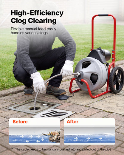 VEVOR Drain Cleaner Machine 75 FT x 3/8 Inch, Sewer Snake Auger Manual Feed on Wheels, Portable Drain Cleaning Machine with 6 Cutters & Air-activated Foot Switch for 2" to 4" Pipes - GDSTJLSGTSSD3Q964001V1 - view 3
