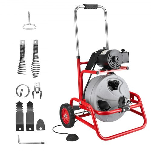 VEVOR Drain Cleaner Machine 75 FT x 1/2 Inch, Sewer Snake Auger on Wheels, Manual Feed Drain Cleaning Machine with Adjustable Drum Angle, 6 Cutters & Air-activated Foot Switch for 2" to 6" Pipes - GDSTJLSGTSSDA3LHN001V1 - view 2