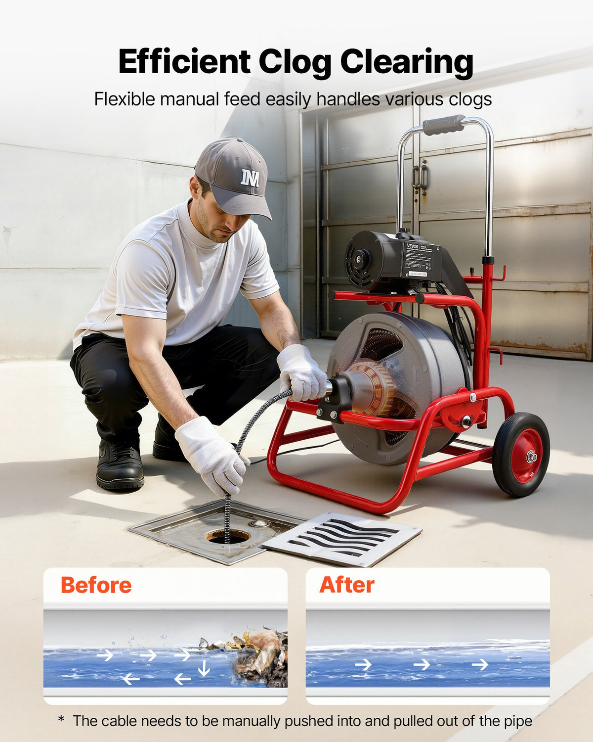 VEVOR Drain Cleaner Machine 75 FT x 1/2 Inch, Sewer Snake Auger on Wheels, Manual Feed Drain Cleaning Machine with Adjustable Drum Angle, 6 Cutters & Air-activated Foot Switch for 2" to 6" Pipes - GDSTJLSGTSSDA3LHN001V1 - view 3