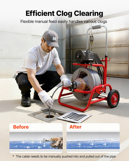 VEVOR Drain Cleaner Machine 75 FT x 1/2 Inch, Sewer Snake Auger on Wheels, Manual Feed Drain Cleaning Machine with Adjustable Drum Angle, 6 Cutters & Air-activated Foot Switch for 2" to 6" Pipes - GDSTJLSGTSSDA3LHN001V1 - view 3