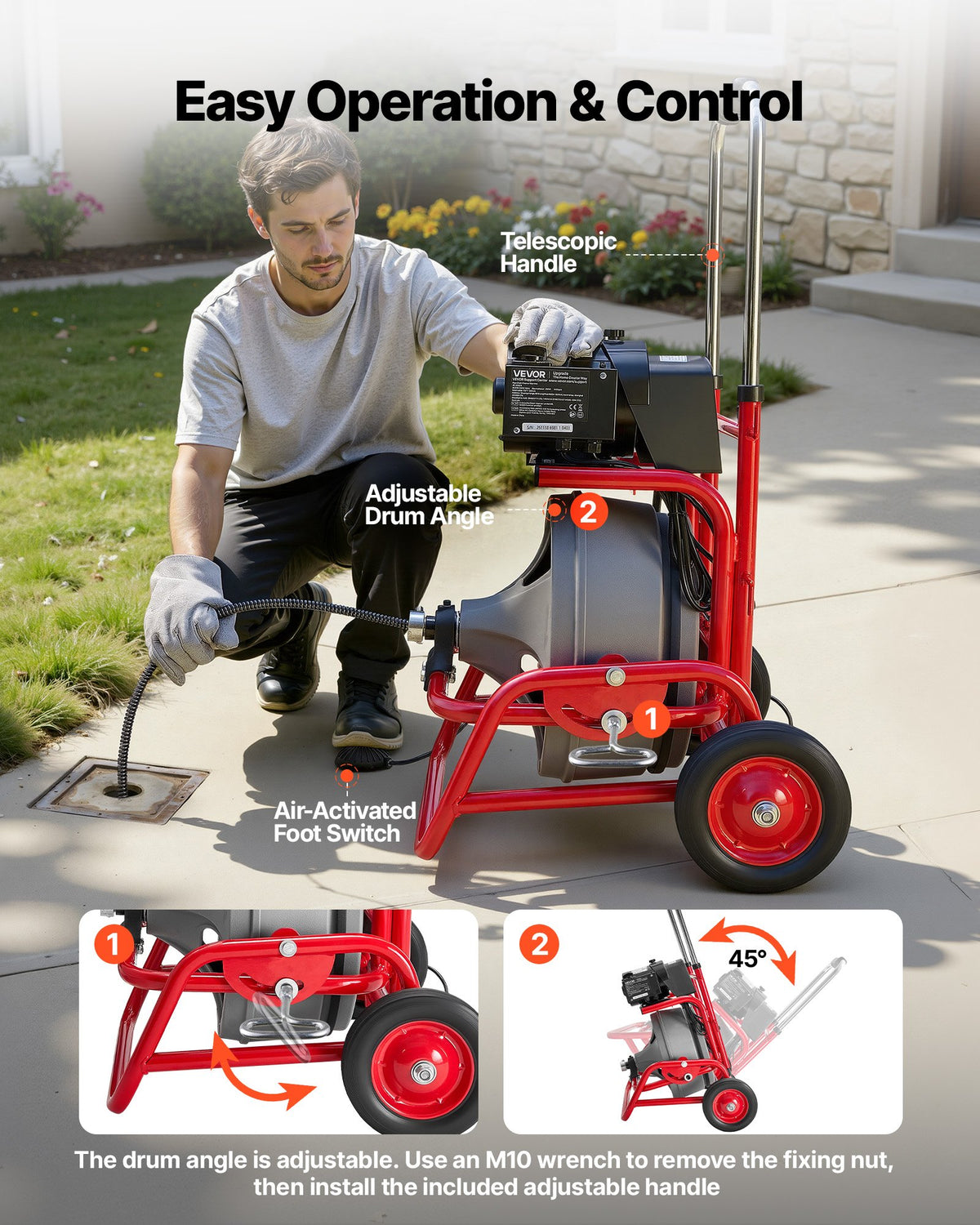 VEVOR Drain Cleaner Machine 75 FT x 1/2 Inch, Sewer Snake Auger on Wheels, Manual Feed Drain Cleaning Machine with Adjustable Drum Angle, 6 Cutters & Air-activated Foot Switch for 2" to 6" Pipes - GDSTJLSGTSSDA3LHN001V1 - view 6