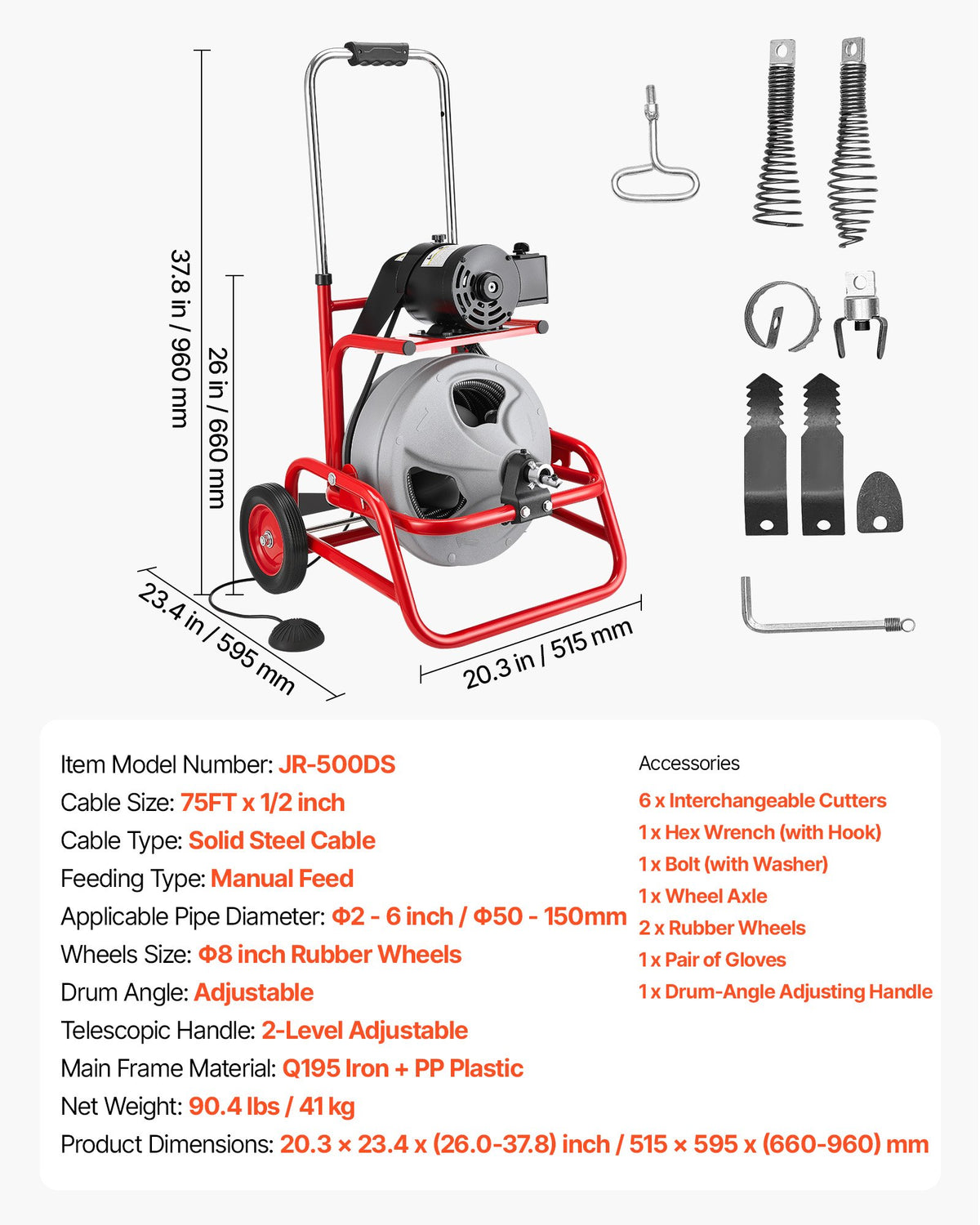 VEVOR Drain Cleaner Machine 75 FT x 1/2 Inch, Sewer Snake Auger on Wheels, Manual Feed Drain Cleaning Machine with Adjustable Drum Angle, 6 Cutters & Air-activated Foot Switch for 2" to 6" Pipes - GDSTJLSGTSSDA3LHN001V1 - view 8