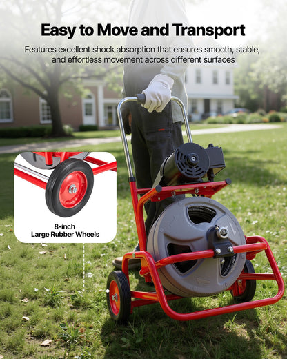 VEVOR Drain Cleaner Machine 75 FT x 1/2 Inch, Sewer Snake Auger on Wheels, Manual Feed Drain Cleaning Machine with Adjustable Drum Angle, 6 Cutters & Air-activated Foot Switch for 2" to 6" Pipes - GDSTJLSGTSSDA3LHN001V1 - view 9