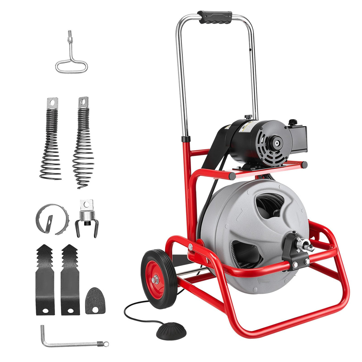 VEVOR Drain Cleaner Machine 75 FT x 1/2 Inch, Sewer Snake Auger on Wheels, Manual Feed Drain Cleaning Machine with Adjustable Drum Angle, 6 Cutters & Air-activated Foot Switch for 2" to 6" Pipes - GDSTJLSGTSSDA3LHN001V1 - view 10