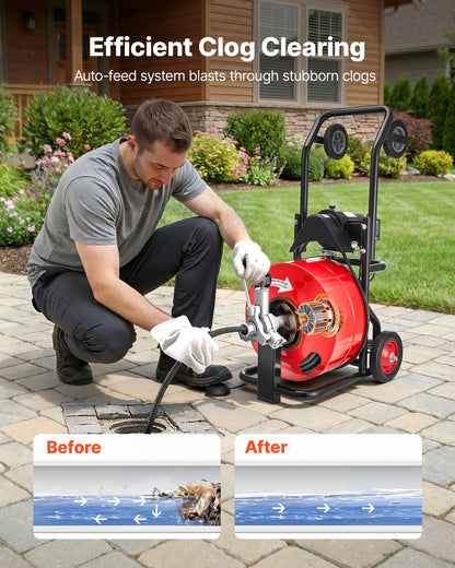 VEVOR Drain Cleaner Machine 100 FT x 3/4 Inch, Auto Feed Sewer Snake Auger, Portable Drain Cleaning Machine with Multi-Wheel Combination, 6 Cutters & Air-Activated Foot Switch for 4" to 8" Pipes - GDSTJLSGTSZD6CZH9001V1 - view 3