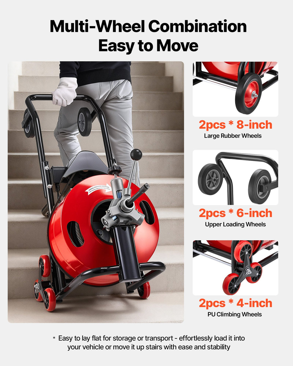 VEVOR Drain Cleaner Machine 100 FT x 3/4 Inch, Auto Feed Sewer Snake Auger, Portable Drain Cleaning Machine with Multi-Wheel Combination, 6 Cutters & Air-Activated Foot Switch for 4" to 8" Pipes - GDSTJLSGTSZD6CZH9001V1 - view 6
