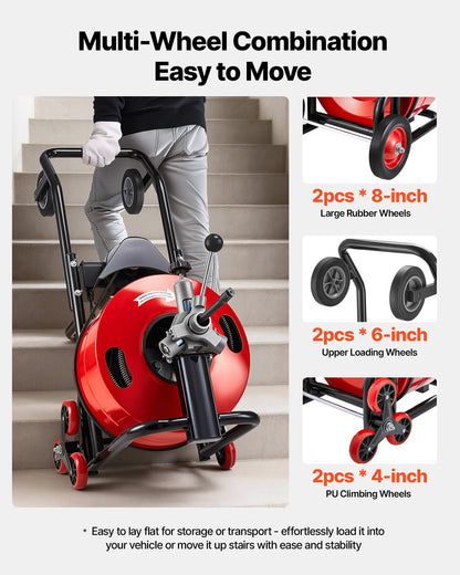 VEVOR Drain Cleaner Machine 100 FT x 3/4 Inch, Auto Feed Sewer Snake Auger, Portable Drain Cleaning Machine with Multi-Wheel Combination, 6 Cutters & Air-Activated Foot Switch for 4" to 8" Pipes - GDSTJLSGTSZD6CZH9001V1 - view 6