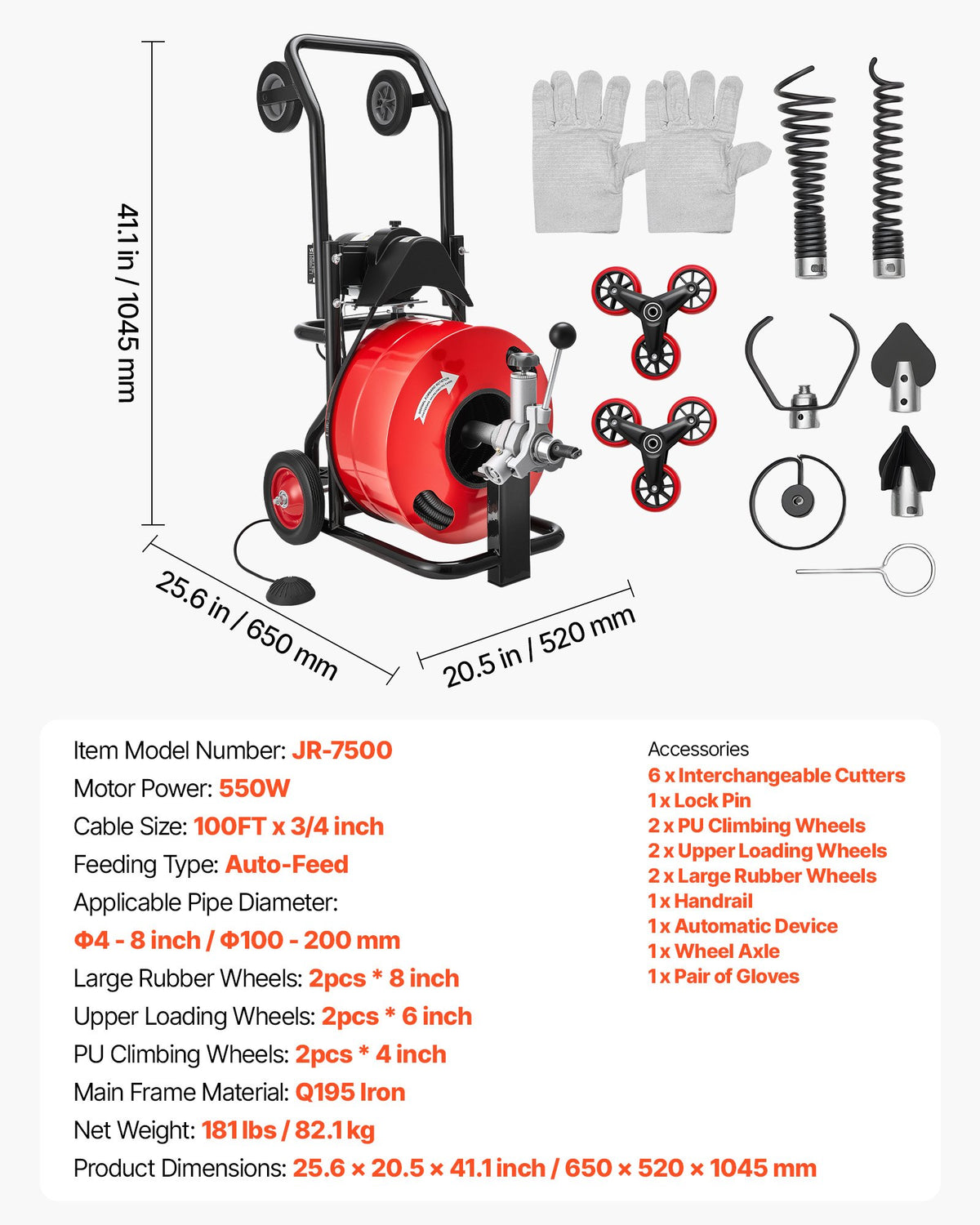 VEVOR Drain Cleaner Machine 100 FT x 3/4 Inch, Auto Feed Sewer Snake Auger, Portable Drain Cleaning Machine with Multi-Wheel Combination, 6 Cutters & Air-Activated Foot Switch for 4" to 8" Pipes - GDSTJLSGTSZD6CZH9001V1 - view 8