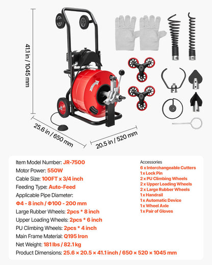 VEVOR Drain Cleaner Machine 100 FT x 3/4 Inch, Auto Feed Sewer Snake Auger, Portable Drain Cleaning Machine with Multi-Wheel Combination, 6 Cutters & Air-Activated Foot Switch for 4" to 8" Pipes - GDSTJLSGTSZD6CZH9001V1 - view 8