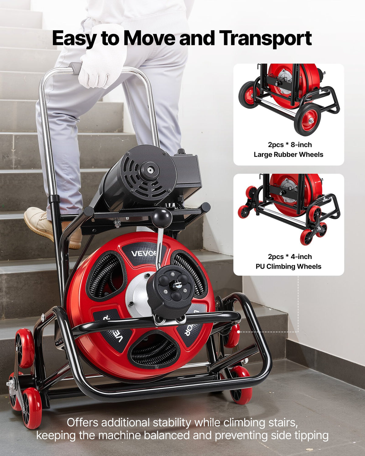 VEVOR Drain Cleaner Machine 100 FT x 3/8 Inch, Auto Feed Sewer Snake Auger, Portable Drain Cleaning Machine with Climbing Wheels, Adjustable Drum, 8 Cutters & Foot Switch for 2" to 4" Pipes - GDSTJLSGTSZDG6NEF001V1 - view 9