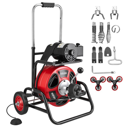 VEVOR Drain Cleaner Machine 100 FT x 3/8 Inch, Auto Feed Sewer Snake Auger, Portable Drain Cleaning Machine with Climbing Wheels, Adjustable Drum, 8 Cutters & Foot Switch for 2" to 4" Pipes - GDSTJLSGTSZDG6NEF001V1 - view 10