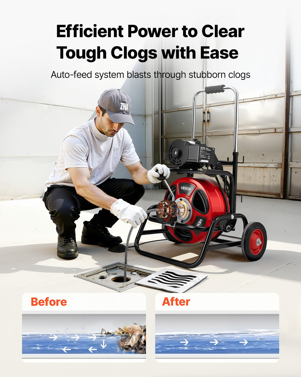 VEVOR Drain Cleaner Machine 100 FT x 1/2 Inch, Auto Feed Sewer Snake Auger, Portable Drain Cleaning Machine with Climbing Wheels, Adjustable Drum, 8 Cutters & Foot Switch for 2" to 6" Pipes - GDSTJLSGTSZDYGHE9001V1 - view 3