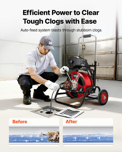 VEVOR Drain Cleaner Machine 100 FT x 1/2 Inch, Auto Feed Sewer Snake Auger, Portable Drain Cleaning Machine with Climbing Wheels, Adjustable Drum, 8 Cutters & Foot Switch for 2" to 6" Pipes - GDSTJLSGTSZDYGHE9001V1 - view 3