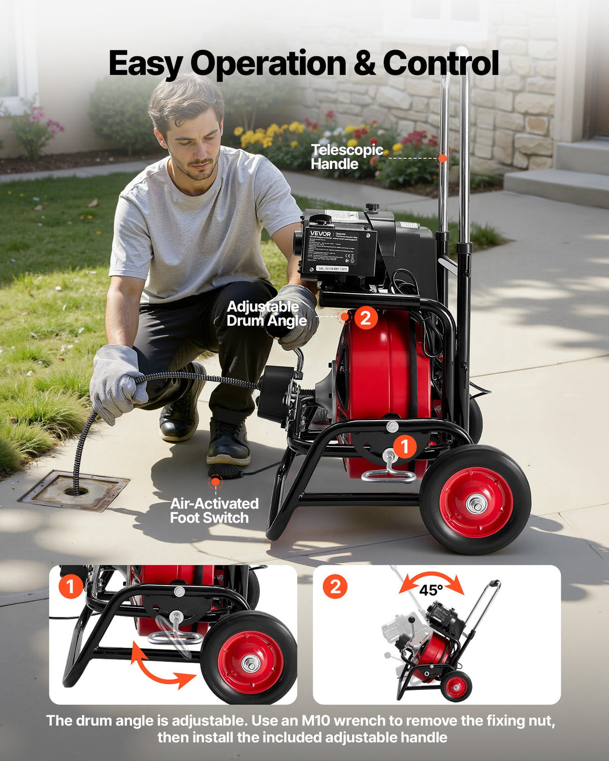 VEVOR Drain Cleaner Machine 100 FT x 1/2 Inch, Auto Feed Sewer Snake Auger, Portable Drain Cleaning Machine with Climbing Wheels, Adjustable Drum, 8 Cutters & Foot Switch for 2" to 6" Pipes - GDSTJLSGTSZDYGHE9001V1 - view 6