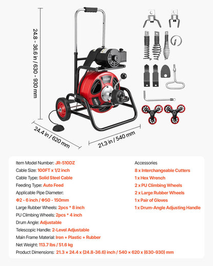 VEVOR Drain Cleaner Machine 100 FT x 1/2 Inch, Auto Feed Sewer Snake Auger, Portable Drain Cleaning Machine with Climbing Wheels, Adjustable Drum, 8 Cutters & Foot Switch for 2" to 6" Pipes - GDSTJLSGTSZDYGHE9001V1 - view 8