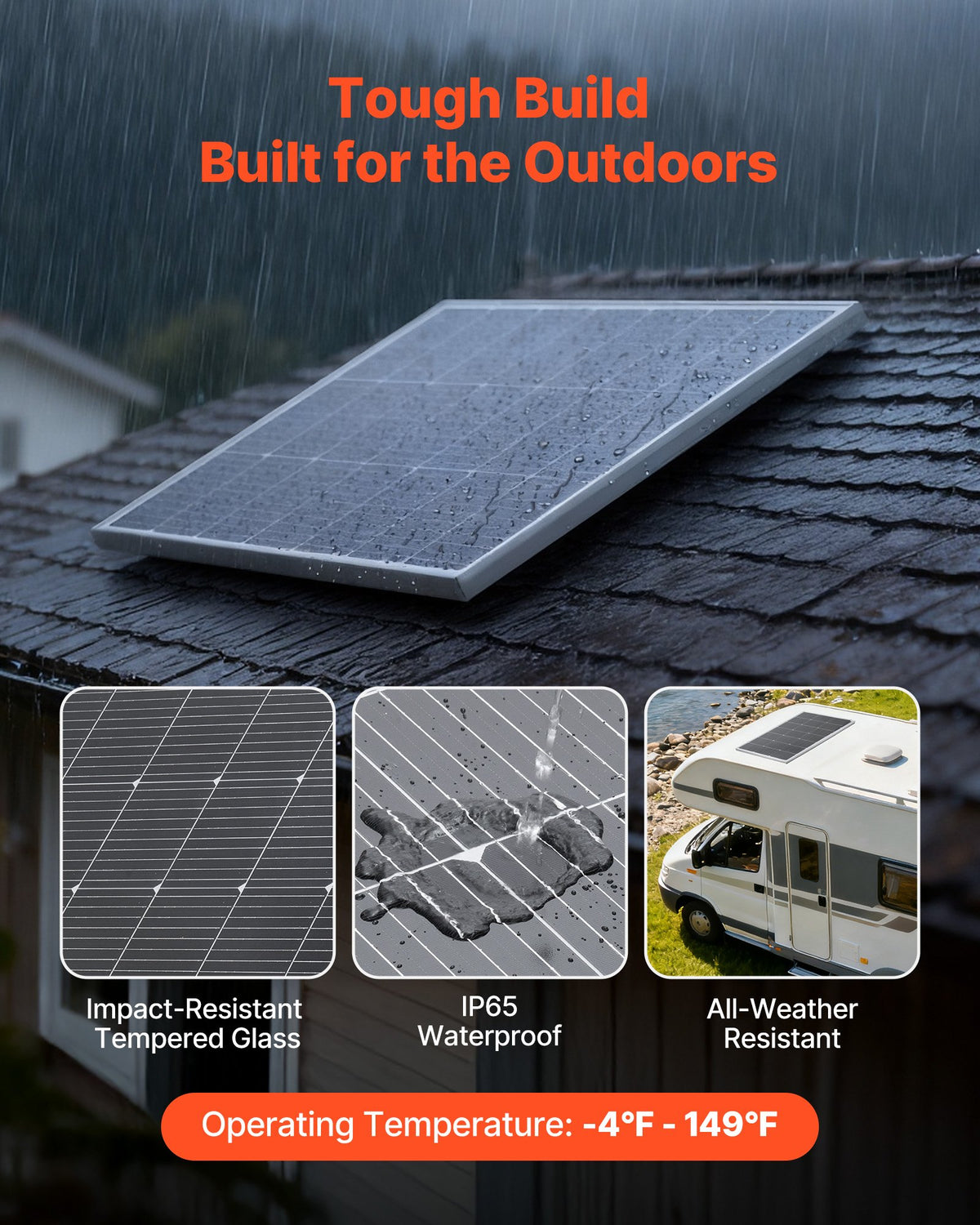 VEVOR 200W Monocrystalline Solar Panel, 23% High-Efficiency Mono PV Module with Stable MC4 Output & Aluminum Frame, IP65 Waterproof Solar Panel for Car Boat RV Flat Rooftop Off-Grid Applications - GDSTYNB1200WLJQ4J001V1 - view 6