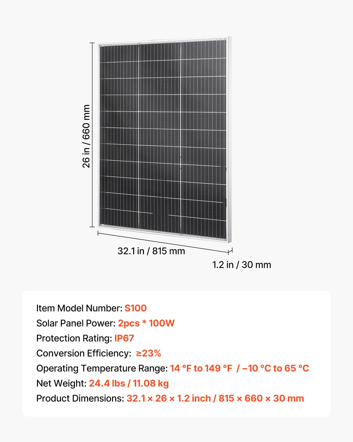 VEVOR 2PCS 100W Bifacial Solar Panels, 23% High-Efficiency N-Type Monocrystalline PV Module with MC4 Output & Aluminum Frame, IP67 Waterproof Solar Panel for Car Boat RV Flat Rooftop Off-Grid - GDSTYNB2100WXPNKI001V1 - view 8