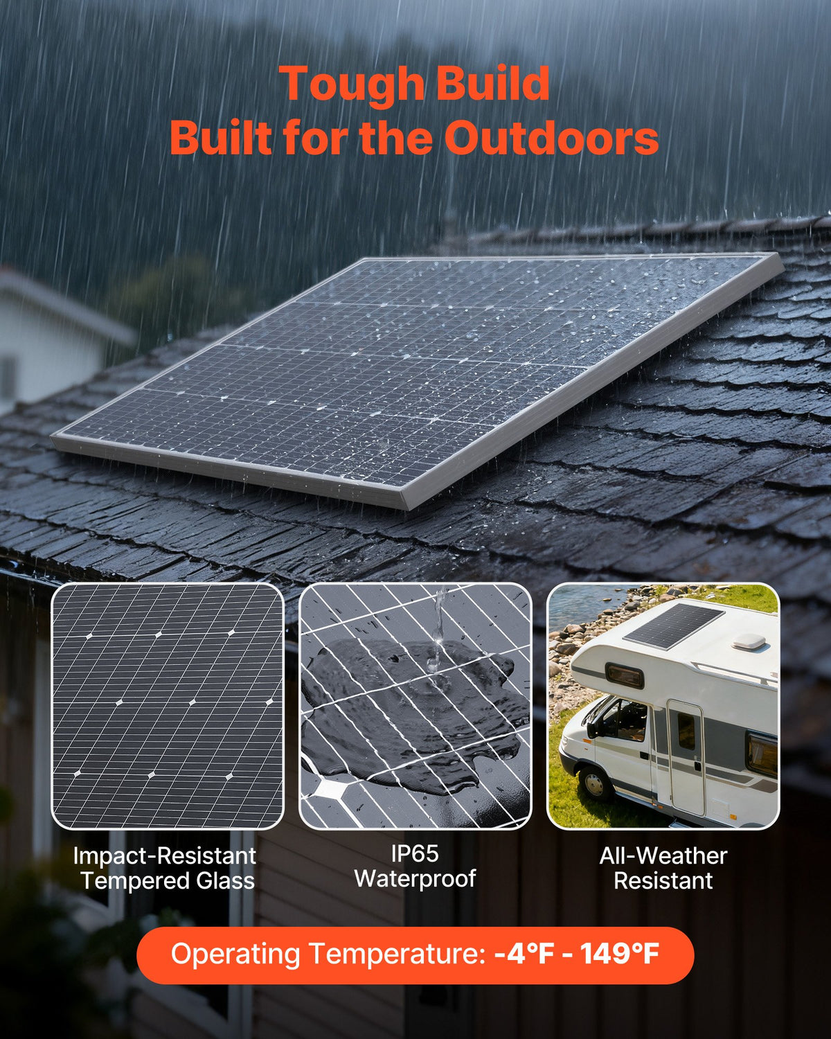 VEVOR 4PCS 100W Monocrystalline Solar Panels, 23% High-Efficiency Mono PV Module with Stable MC4 Output & Aluminum Frame, IP65 Waterproof Solar Panel for Car Boat RV Flat Rooftop Off-Grid Applications - GDSTYNB4100WEPDCQ001V1 - view 6