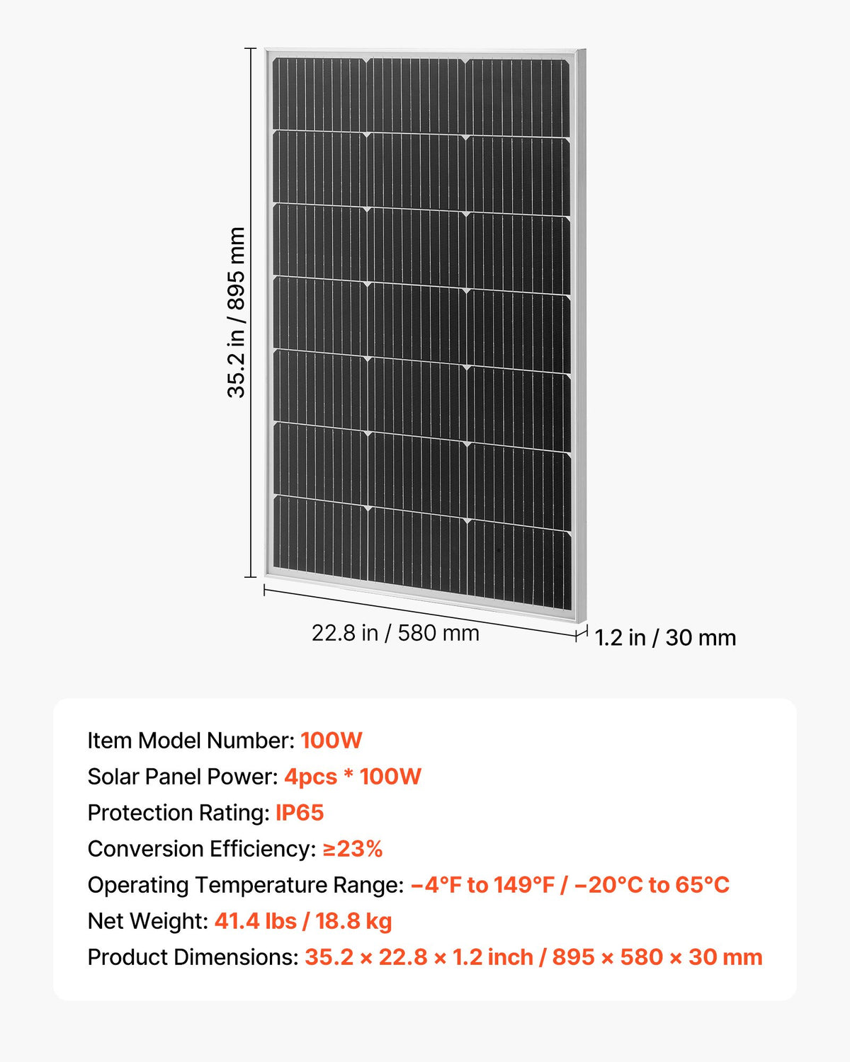 VEVOR 4PCS 100W Monocrystalline Solar Panels, 23% High-Efficiency Mono PV Module with Stable MC4 Output & Aluminum Frame, IP65 Waterproof Solar Panel for Car Boat RV Flat Rooftop Off-Grid Applications - GDSTYNB4100WEPDCQ001V1 - view 8