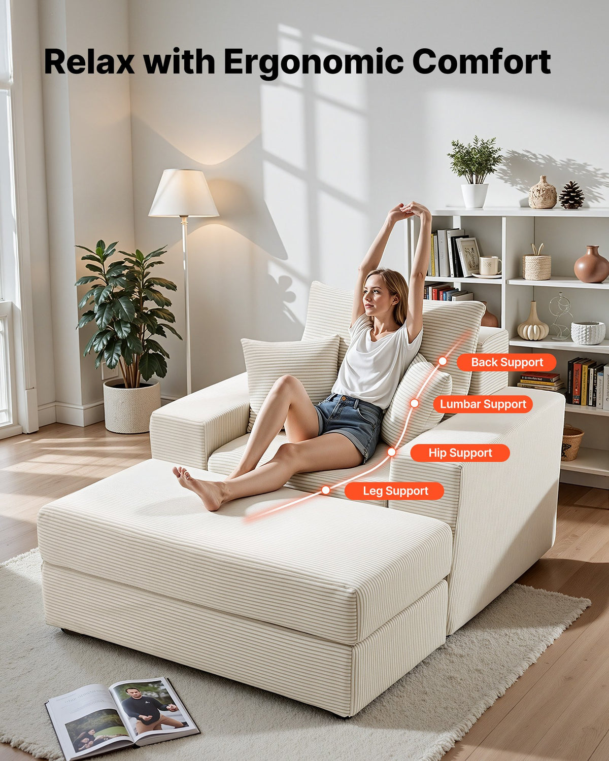 VEVOR Chaise Lounge Chair, 44 in Boneless Modular Chaise Lounge Indoor, Oversized Corduroy Reading Chair with Throw Pillows & Armrests, Deep Seat Sofa Couch Sleeper for Living Room, Bedroom, Beige - GDSTYXDFFTSB5K9IW001V0 - view 3
