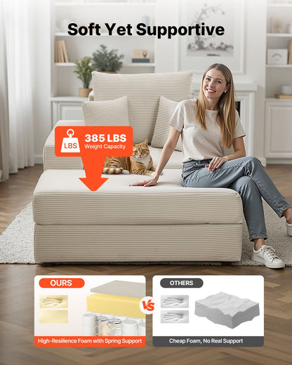 VEVOR Chaise Lounge Chair, 44 in Boneless Modular Chaise Lounge Indoor, Oversized Corduroy Reading Chair with Throw Pillows & Armrests, Deep Seat Sofa Couch Sleeper for Living Room, Bedroom, Beige - GDSTYXDFFTSB5K9IW001V0 - view 5