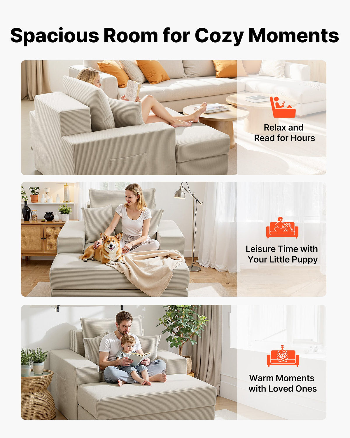 VEVOR Chaise Lounge Chair, 44 in Boneless Modular Chaise Lounge Indoor, Oversized Corduroy Reading Chair with Throw Pillows & Armrests, Deep Seat Sofa Couch Sleeper for Living Room, Bedroom, Beige - GDSTYXDFFTSB5K9IW001V0 - view 7