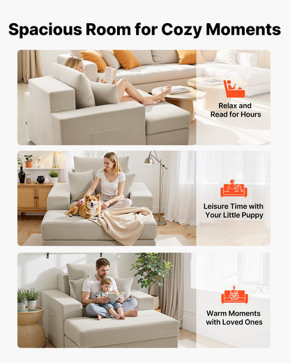 VEVOR Chaise Lounge Chair, 44 in Boneless Modular Chaise Lounge Indoor, Oversized Corduroy Reading Chair with Throw Pillows & Armrests, Deep Seat Sofa Couch Sleeper for Living Room, Bedroom, Beige - GDSTYXDFFTSB5K9IW001V0 - view 7