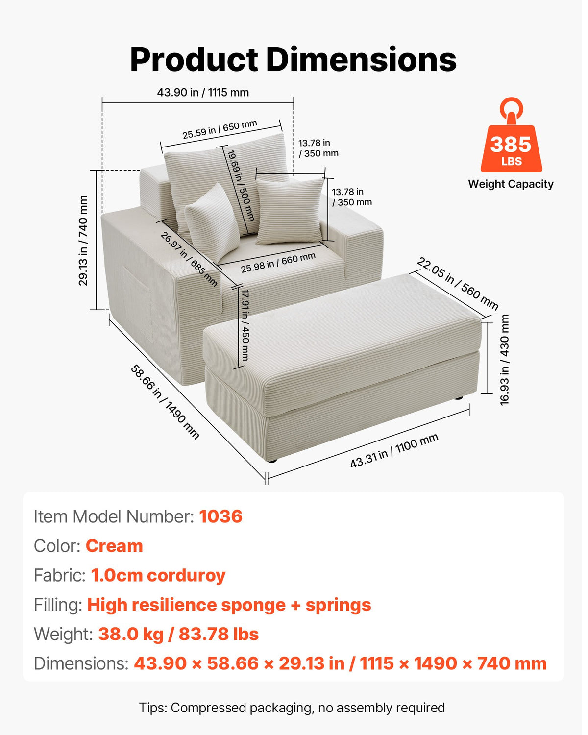 VEVOR Chaise Lounge Chair, 44 in Boneless Modular Chaise Lounge Indoor, Oversized Corduroy Reading Chair with Throw Pillows & Armrests, Deep Seat Sofa Couch Sleeper for Living Room, Bedroom, Beige - GDSTYXDFFTSB5K9IW001V0 - view 8